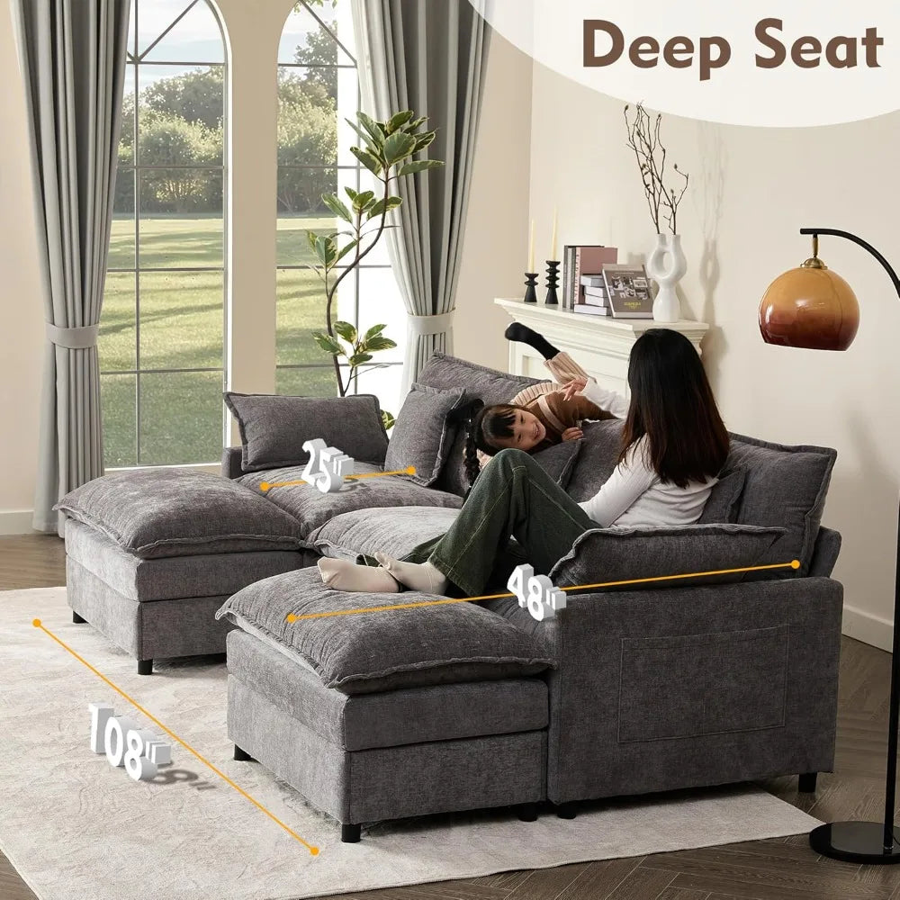 108" U-Shaped Modular Sectional Sofa Deep Seat Chenille Cloud Couch w/ Ottoman