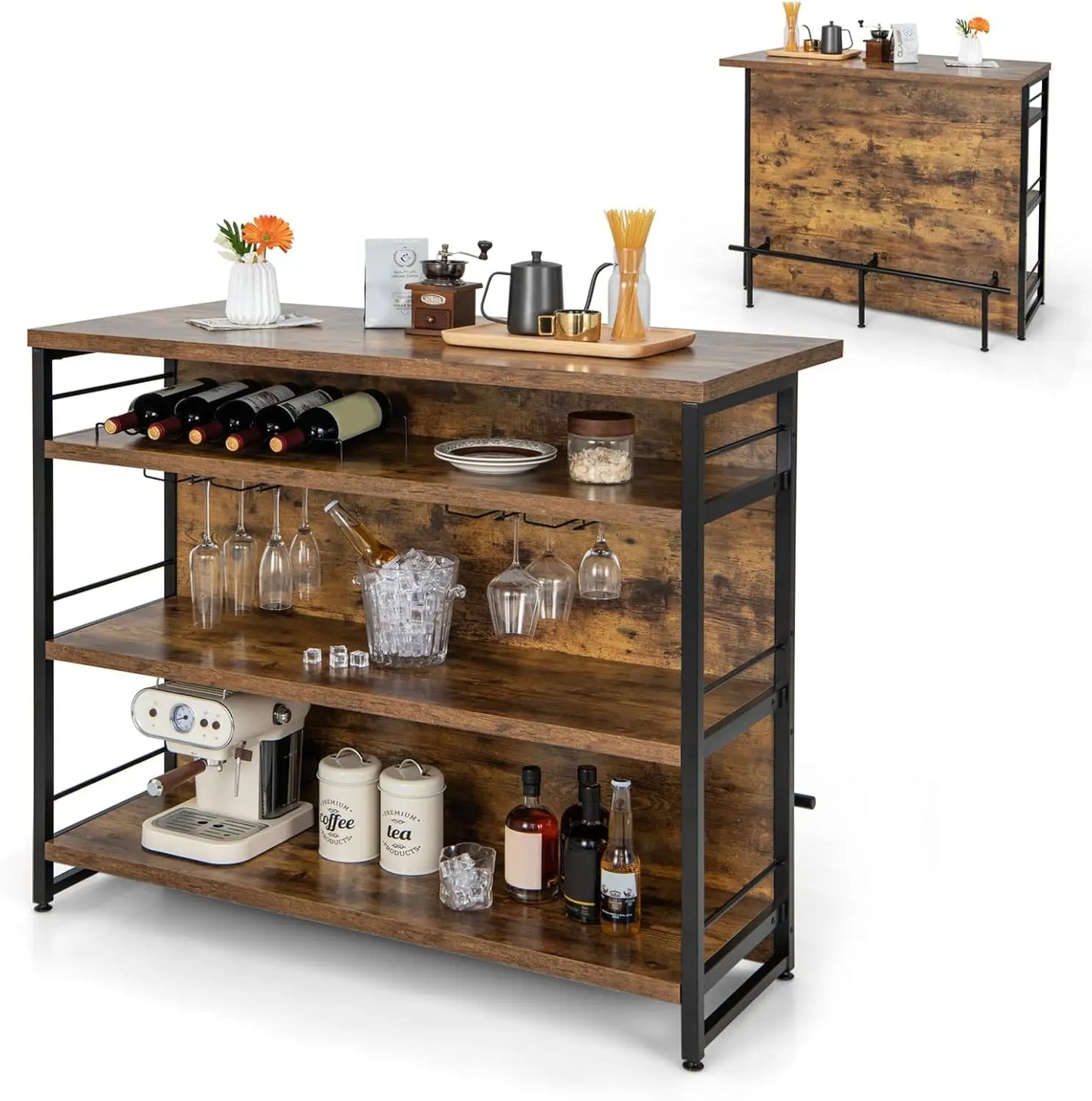 Home Bar Unit 4 Tier Liquor Table Wine Rack Glass Holder Industrial Design