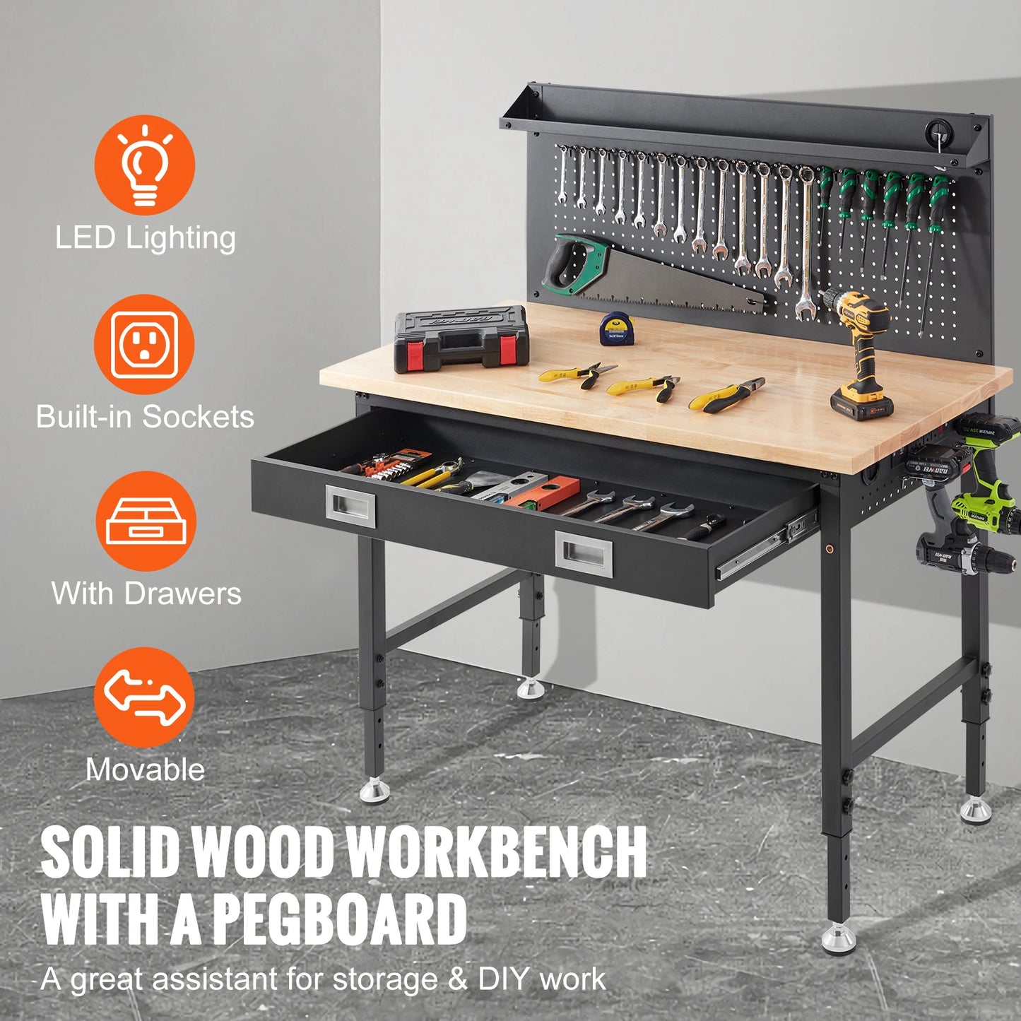 Ljustra Heavy Duty Oak Workbench 2000lbs Adjustable Garage Table