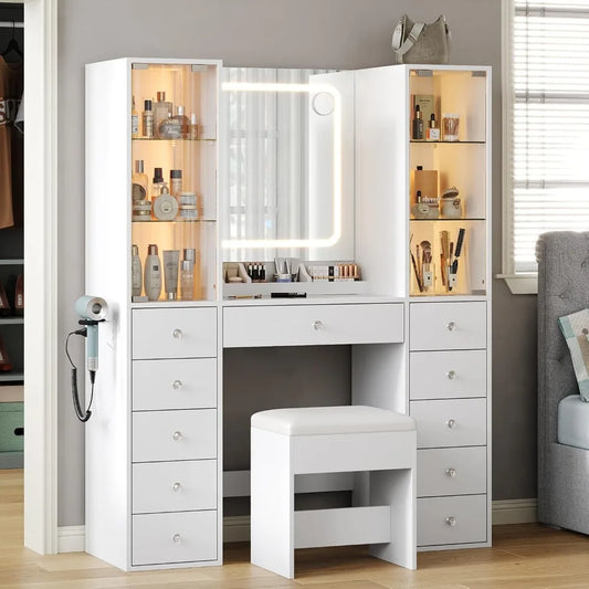 11 Drawer Makeup Vanity with LED Mirror Charging Station Storage Desk