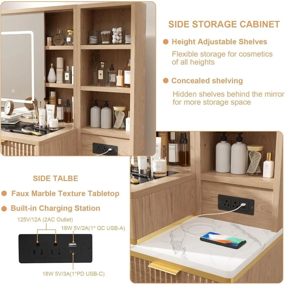 48 Inch Fluted Makeup Vanity Desk with Sliding Mirror and Lights
