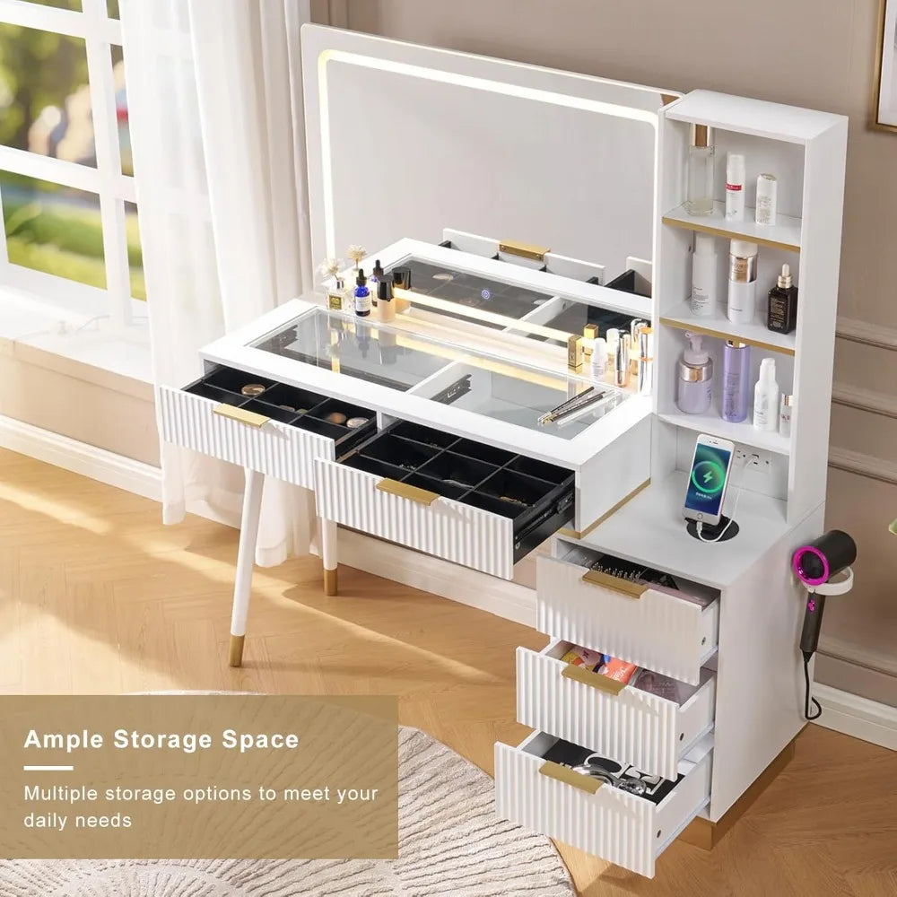 54 Inch Tall Vanity Desk with Large Mirror 5 Drawers and Shelves