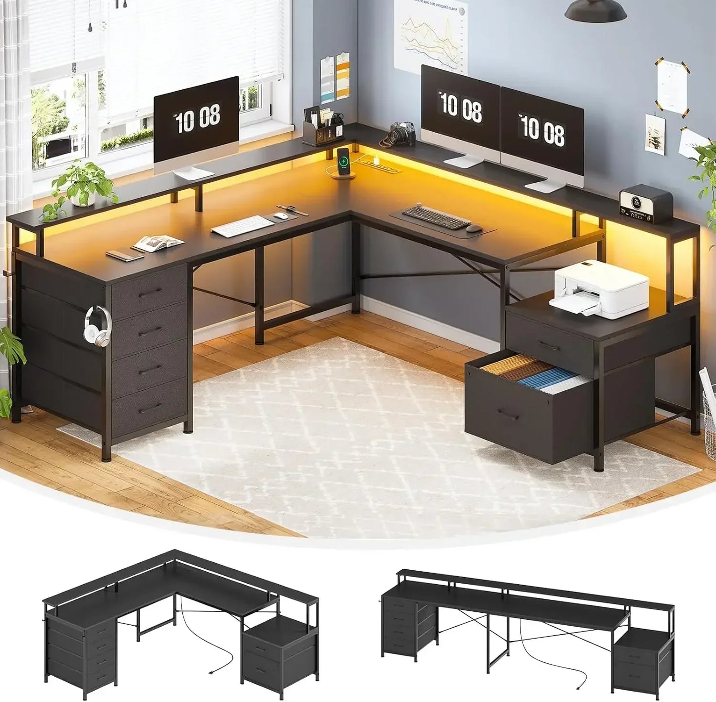 L-Shaped Office Desk with Monitor Rack and 6 Drawers for Home Office