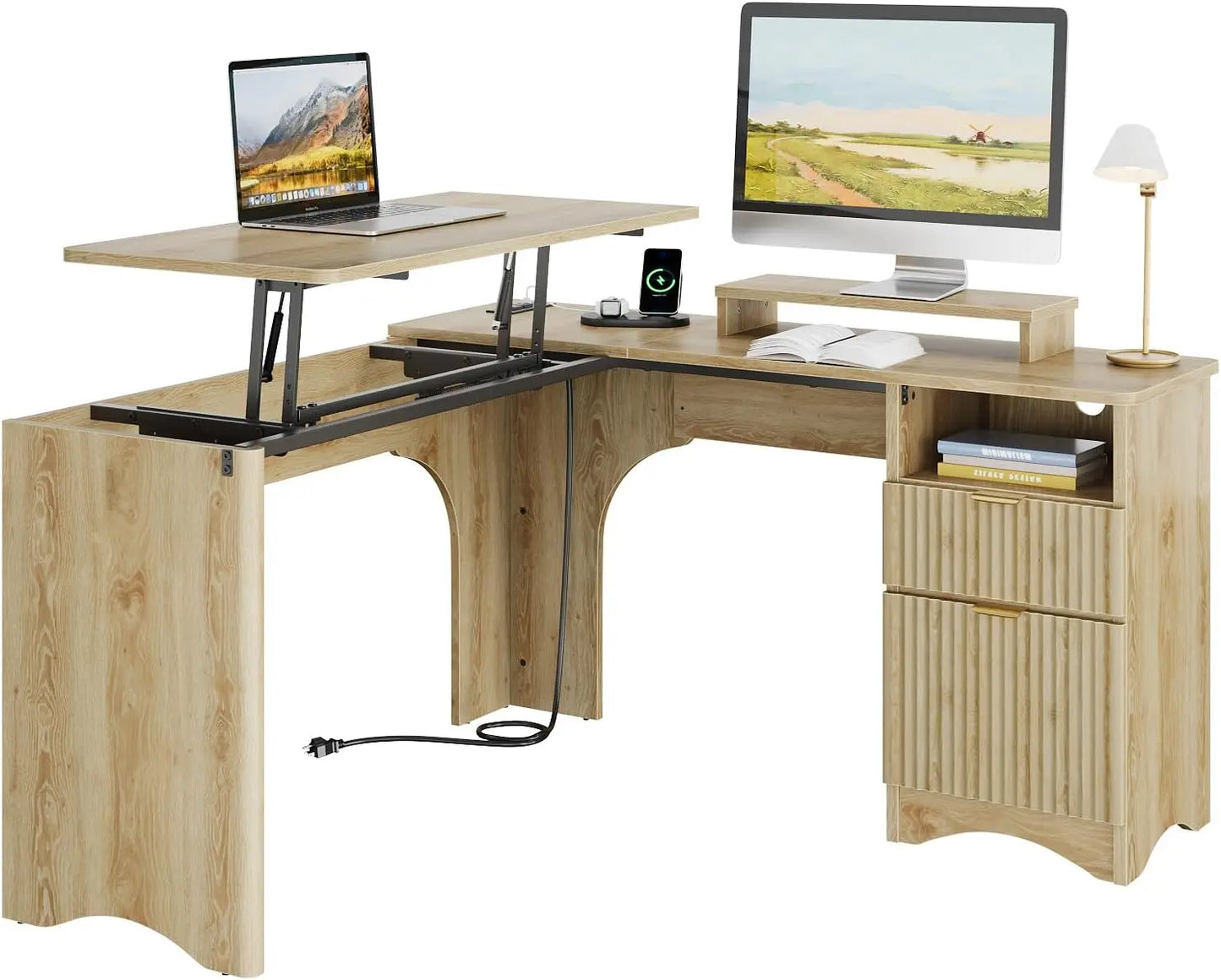 L Shaped Desk with Lift Top Modern Office Desk Fluted Panel Drawers