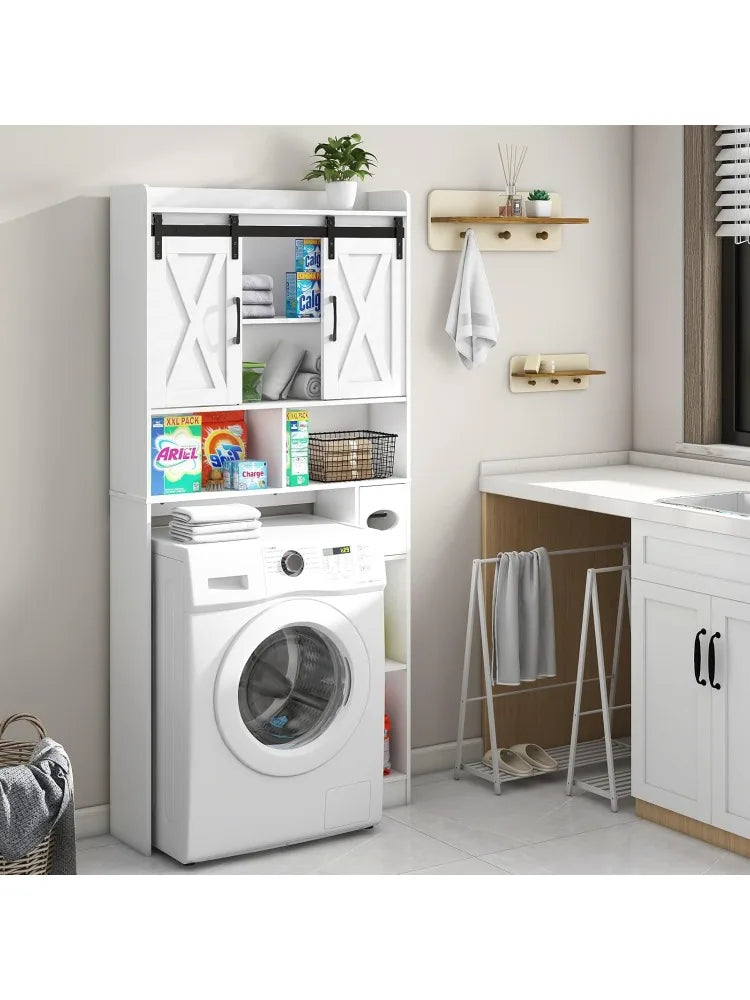 Farmhouse Storage Cabinet Over Toilet with Sliding Doors Space-Saving Rack