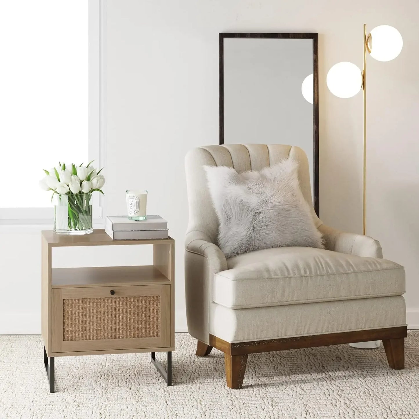 Mina Rattan Wood End Accent Table Nightstand Storage Living Room Bedroom