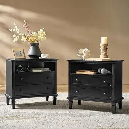 Nightstand Set of 2 with Charging Station Farmhouse End Table Storage