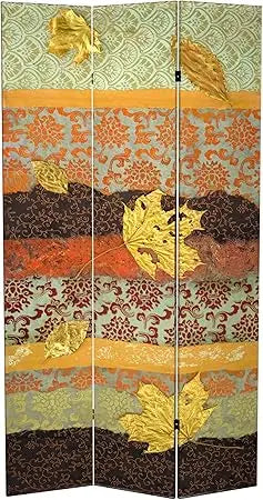 7ft Tall Double Sided Autumn Leaves Canvas Room Divider Folding Screen