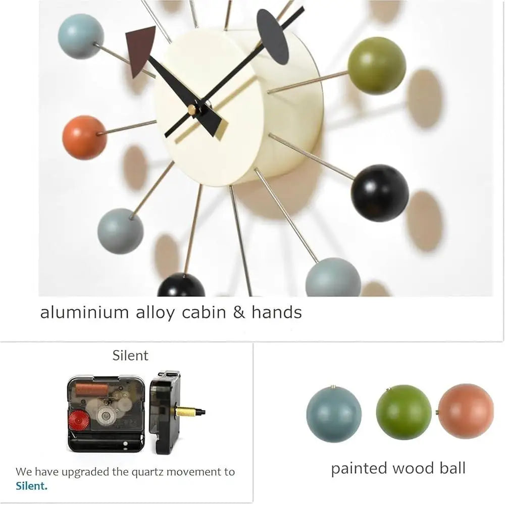 Wood Ball Wall Clock Modern Quartz Silent Decorative 13 Inch Home Office