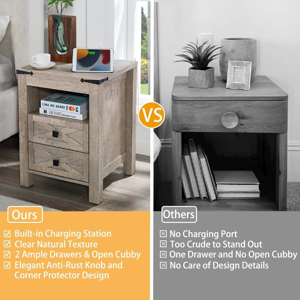 Nightstand with Charging Station 2 Drawers Farmhouse Bedside Table