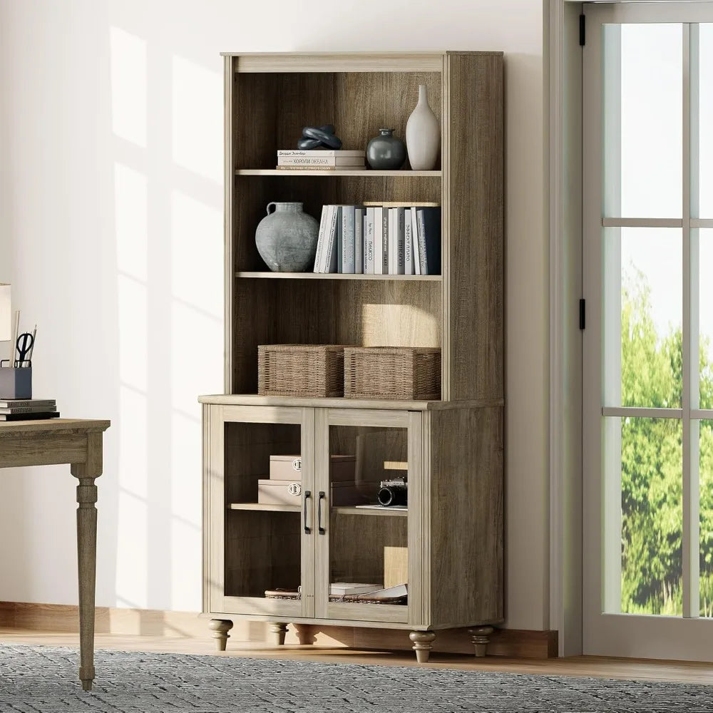 5 Tier Farmhouse Bookshelf Large Display Bookcase with Glass Doors
