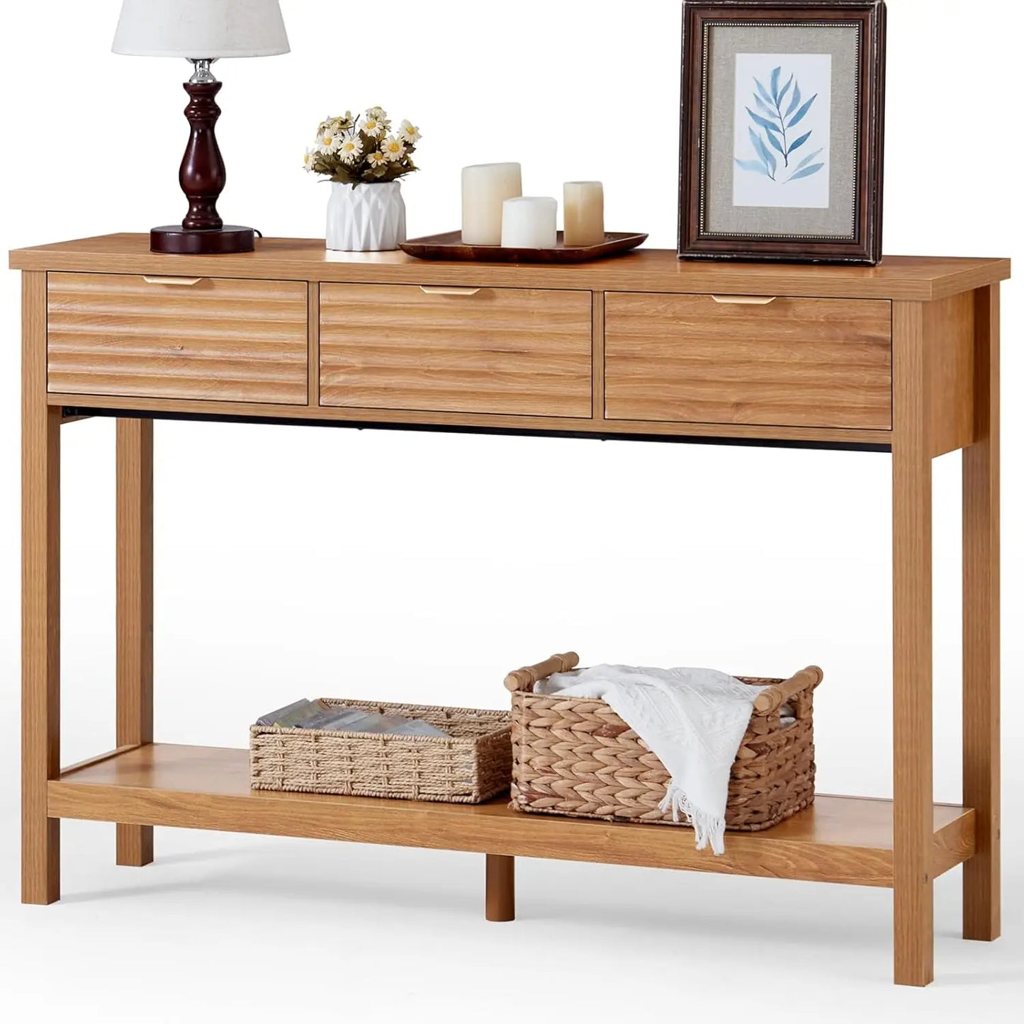 Modern Fluted Console Table 3 Drawers Wood Entryway Storage Shelf