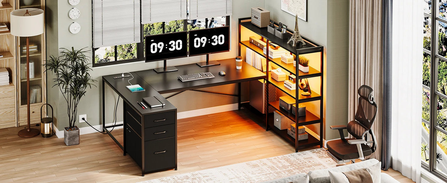 L Shaped Gaming Desk with Power Outlet LED Lights and Storage Shelves