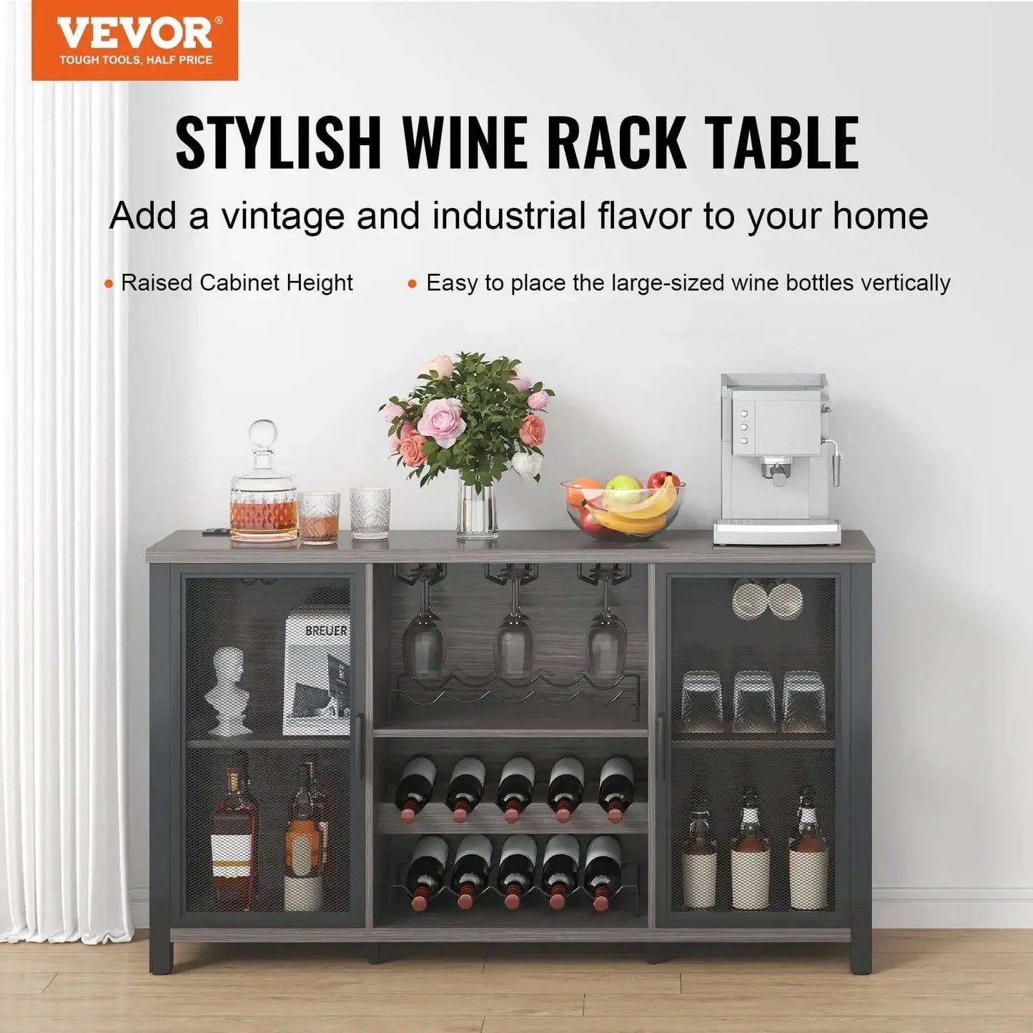 47 Inch Industrial Bar Cabinet Sideboard Buffet Freestanding Wine Rack