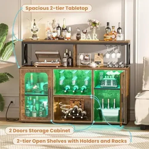Ljustra Bar Cabinet with Power Outlets LED Lights Wine Storage Rustic Brown