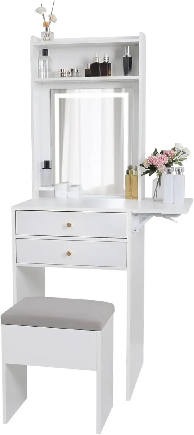 Small Vanity Desk Set with Lighted Mirror Storage Chair for Makeup