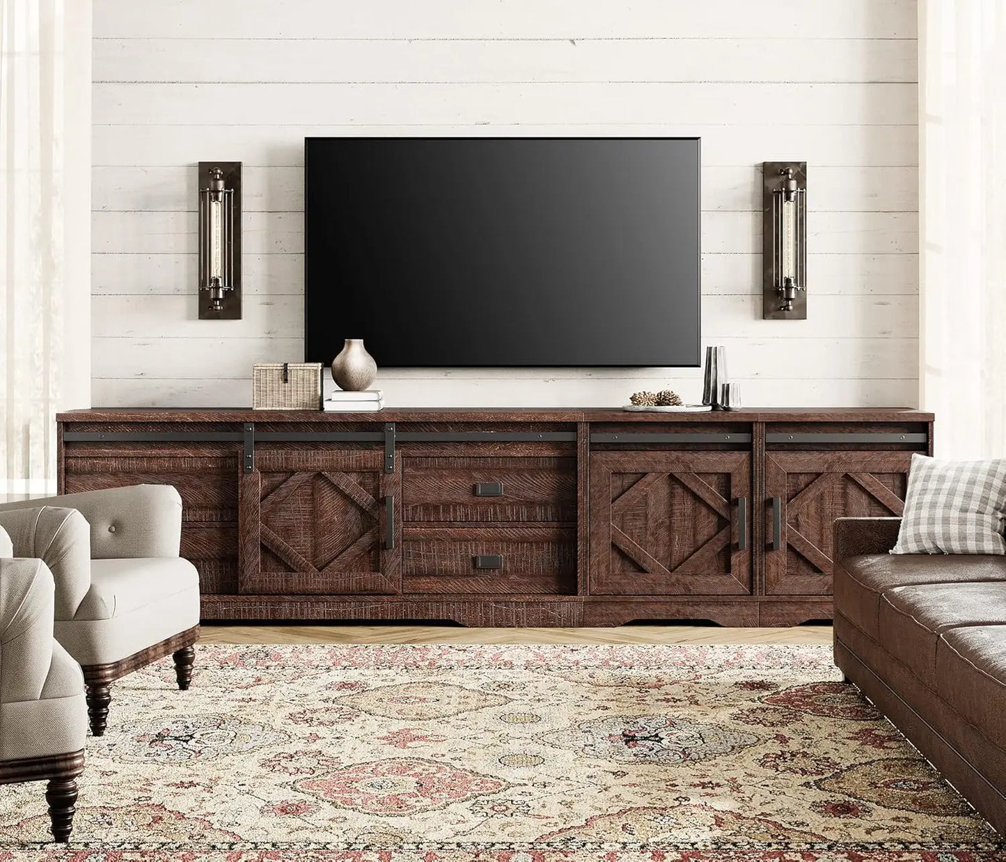 Farmhouse TV Stand for TVs up to 110" with Drawers Adjustable Shelves