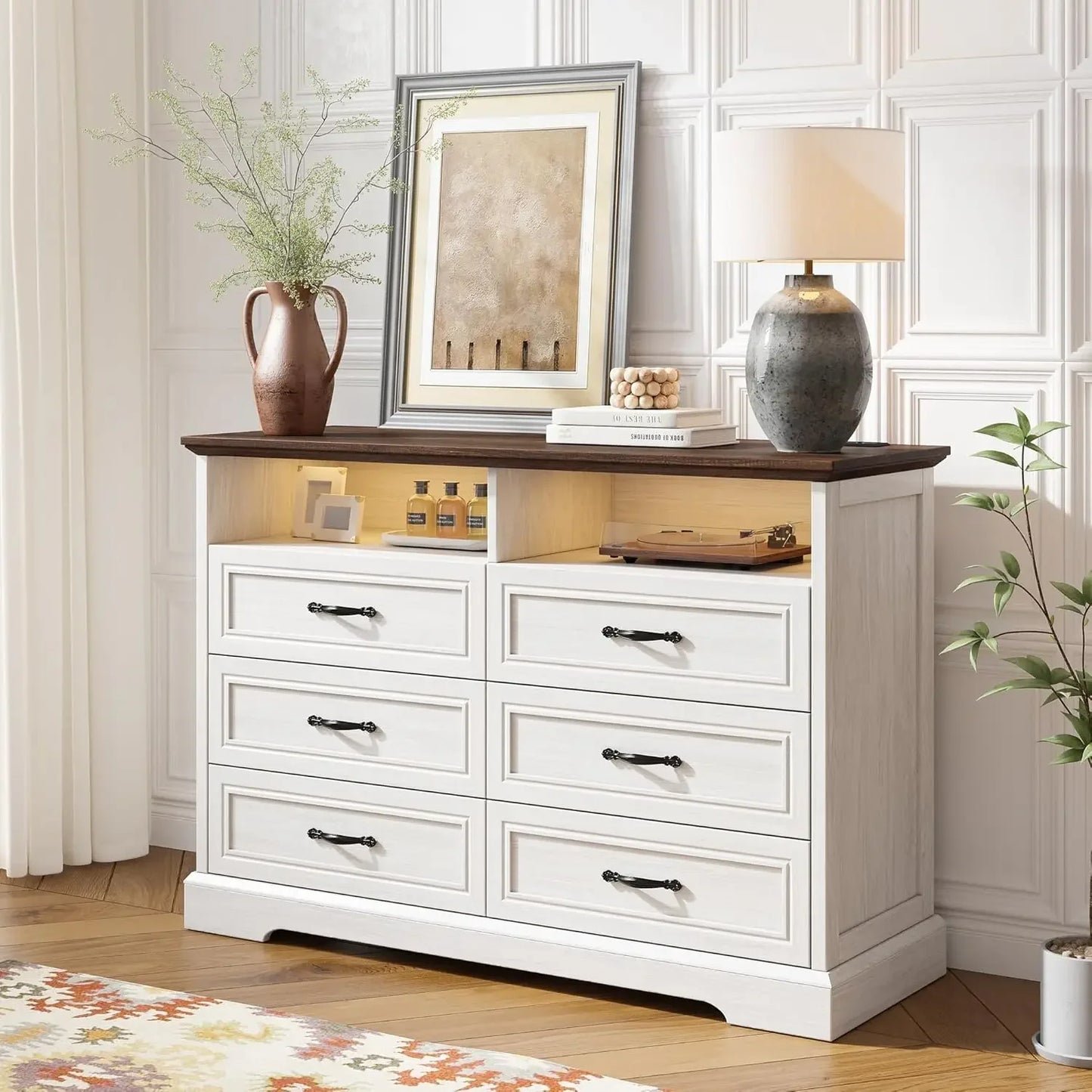 Dresser with Power Outlets and LED Lights Rustic Wood Chest of Drawers