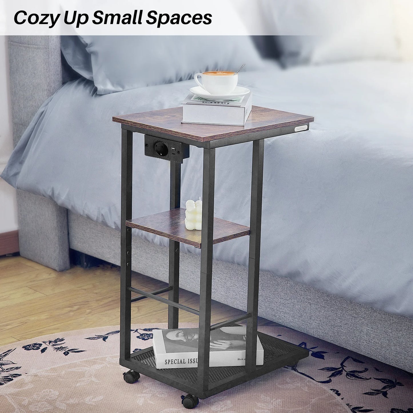 C Shaped End Table with Charging Station Rolling Wheels Small Space