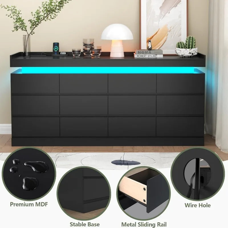 12 Drawer Dresser with LED Light and Power Outlet Modern Storage Solution