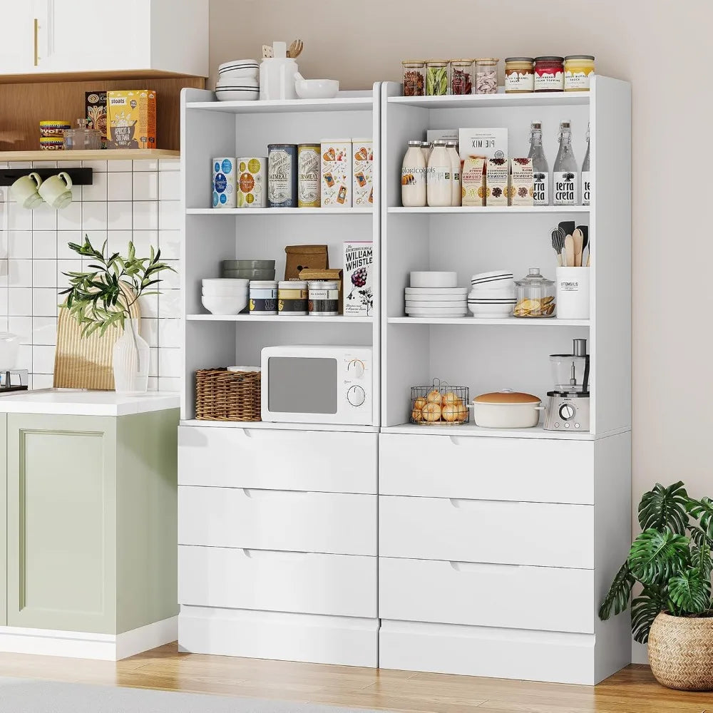 Tall Bookshelf with Drawers Open Shelves Modern White Bookcase