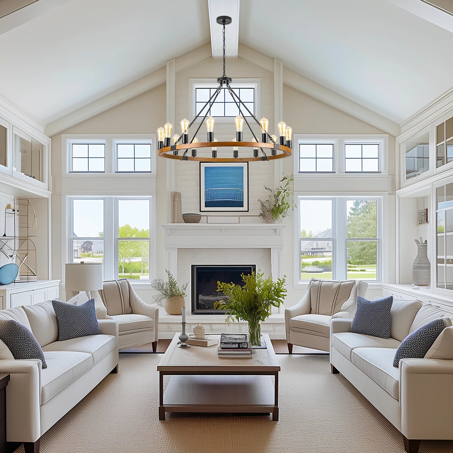 Wood Wagon Wheel Chandelier Rustic Farmhouse 16-Light Pendant Light