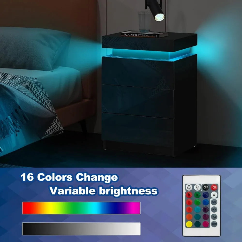 Modern Nightstands Set of 2 with LED Light and 3 Drawers Storage