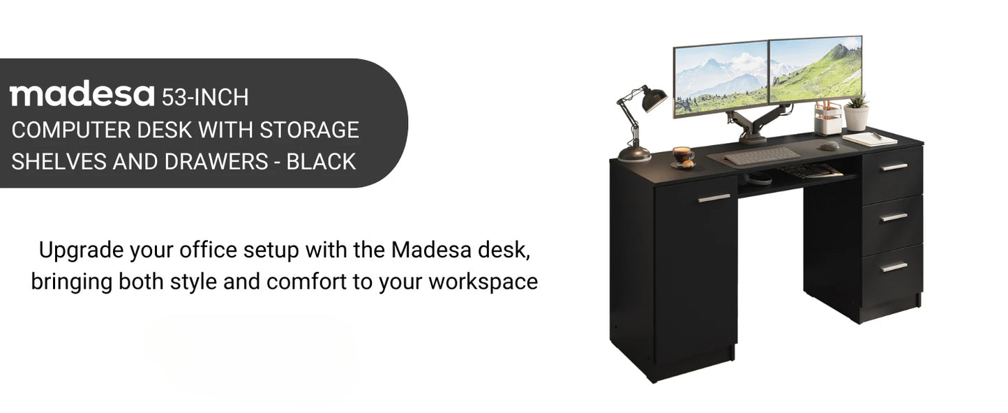 Computer Desk with Drawers and Storage Shelf Modern Home Office Workstation