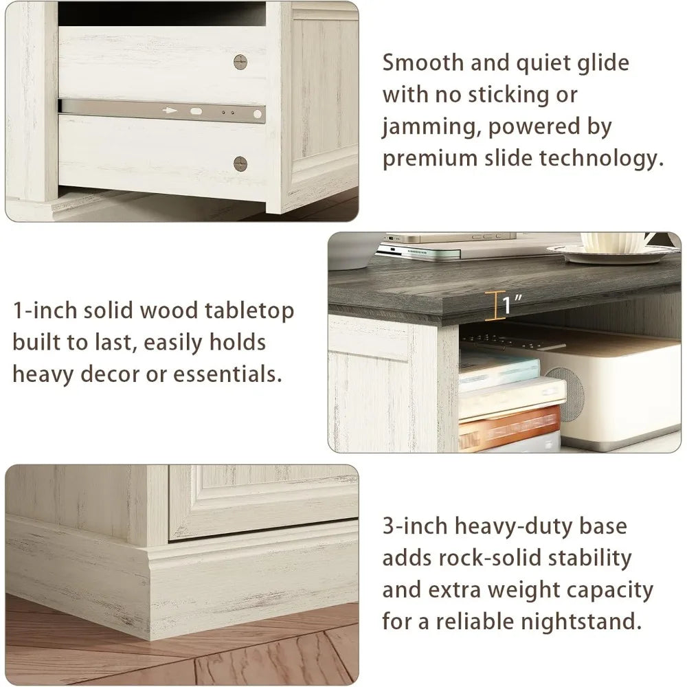 20 Inch Farmhouse Nightstand End Table with Drawers and Open Storage