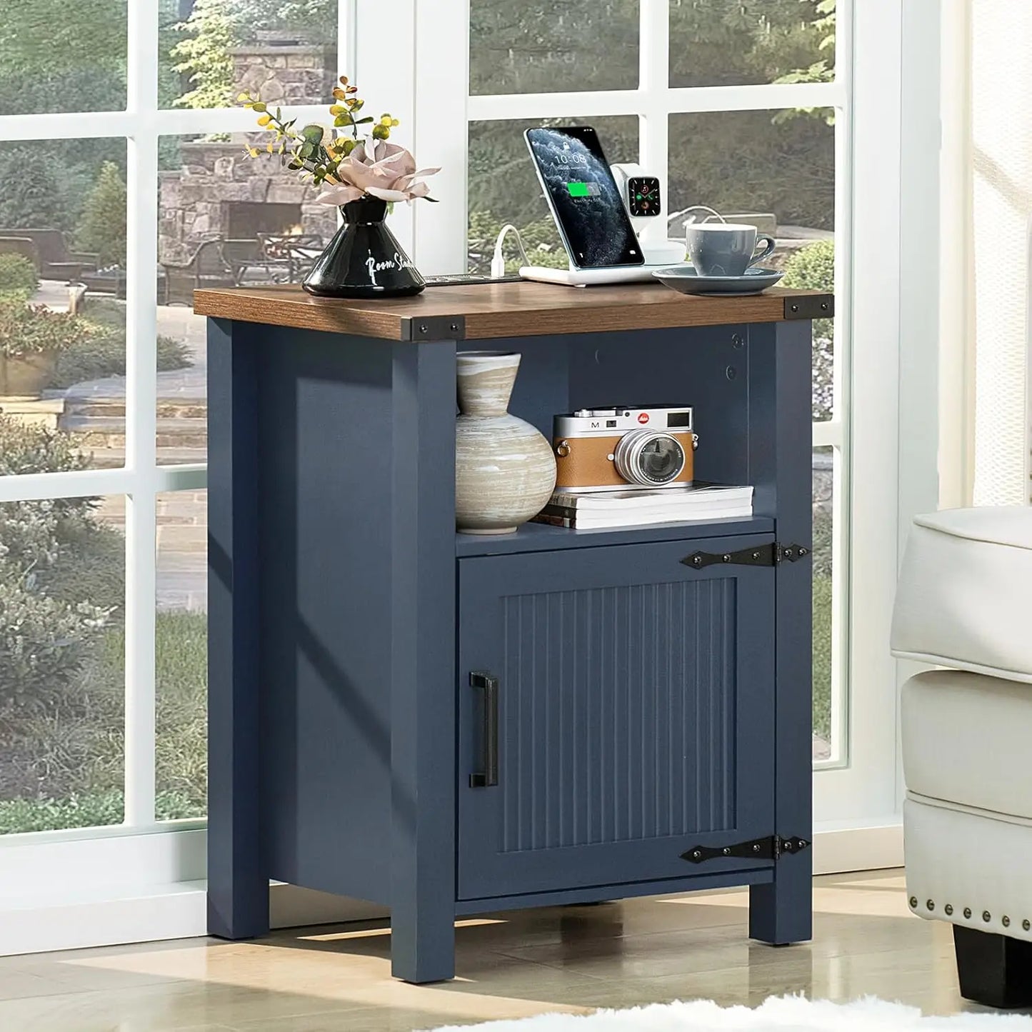 18 Inch Farmhouse Nightstand with Charging Station USB Ports Rustic Table
