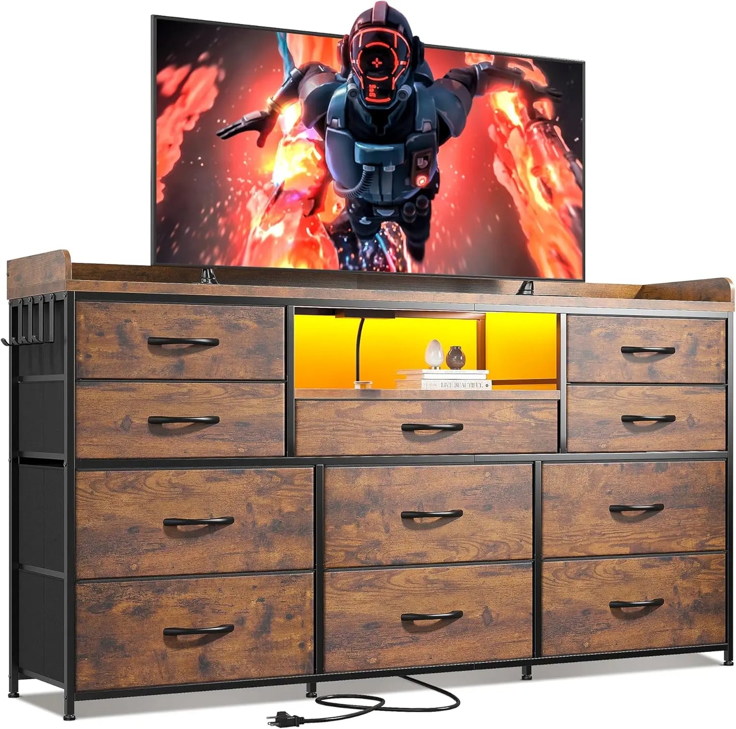 Dresser with 11 Drawers LED Lights Charging Station TV Stand for Bedroom