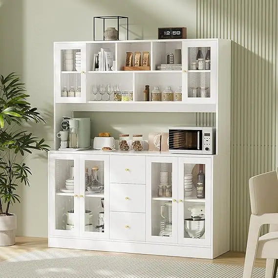 Large Kitchen Hutch Cabinet with Glass Doors and Drawers for Storage