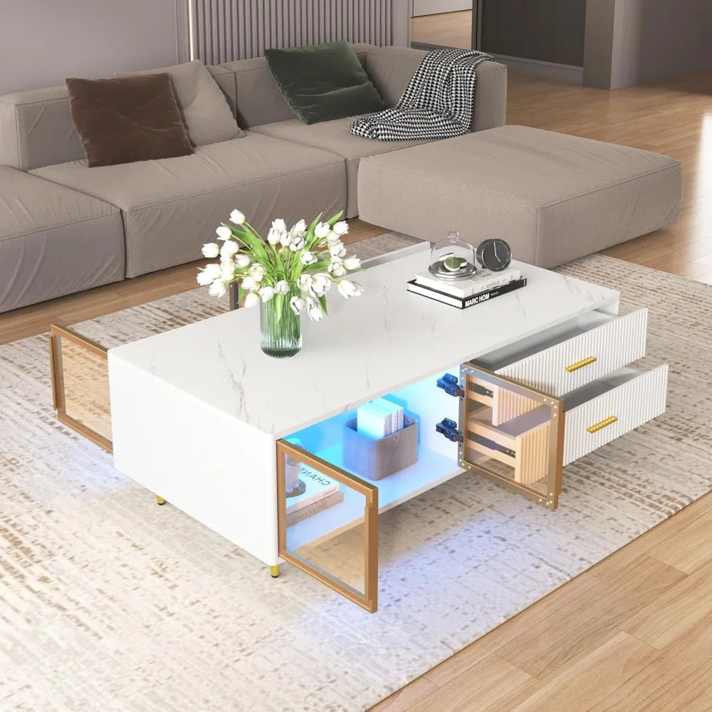 Ljustra Modern Coffee Table with Storage Drawers and Multi-Color Lighting