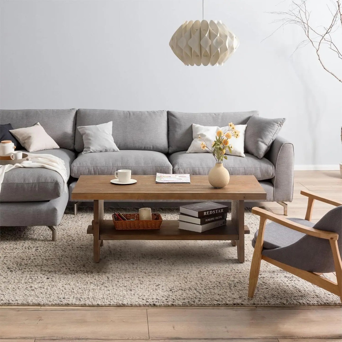 Farmhouse Wood Coffee Table 43.4 Inch Mid Century Modern Firwood