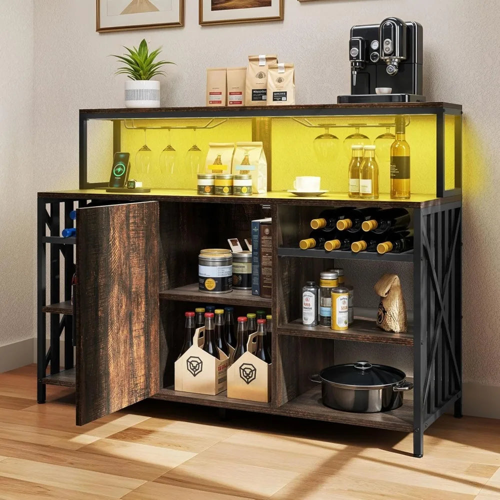 47 Inch Bar Table Cabinet with LED Lights Power Outlet Wine Rack