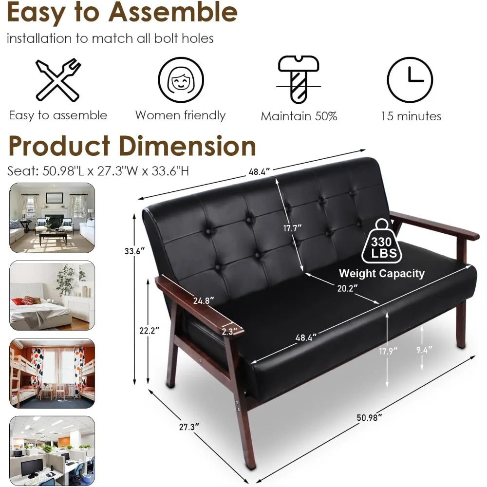 Black Small Leather Couch Mid Century Loveseat Office Booth Seating