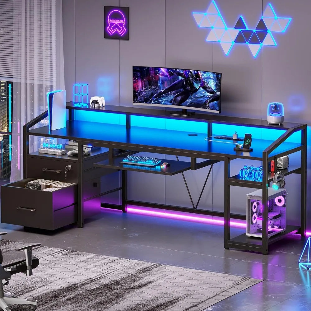 63 Inch Computer Desk with Lockable Drawers LED Lights Power Outlet Gaming