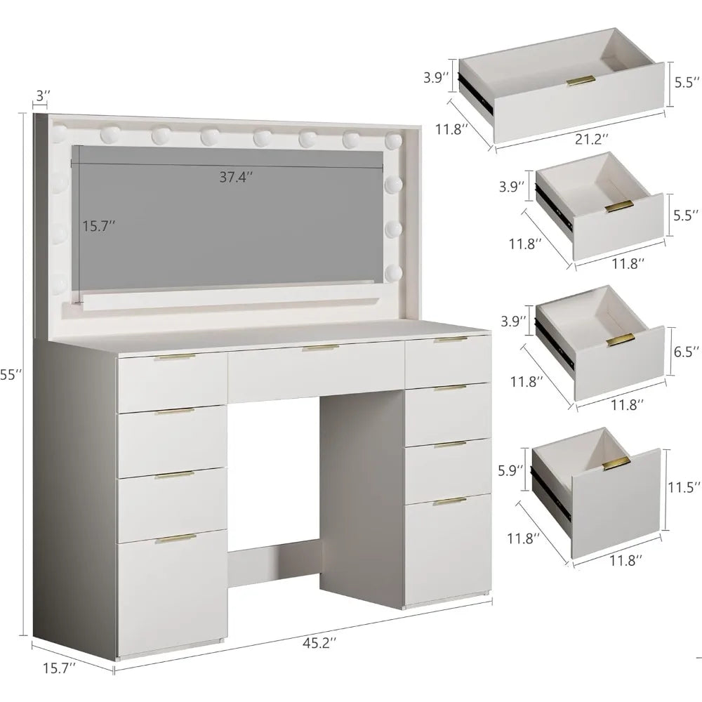 Ljustra Vanity Desk with Large Mirror Lights 9 Drawers Storage Outlet