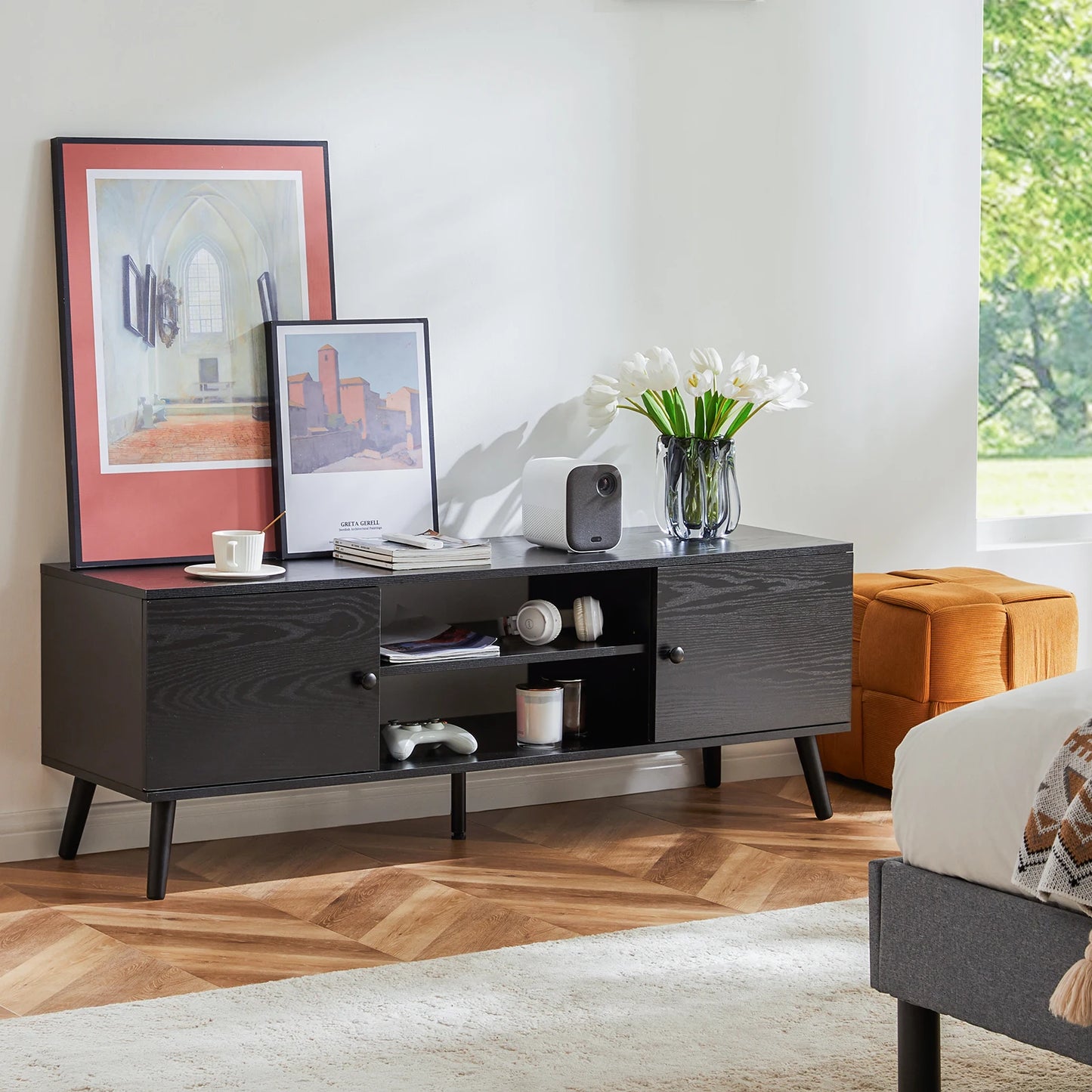 Ljustra Wooden Fireplace TV Stand for Up to 60 Inch Adjustable Shelf Storage