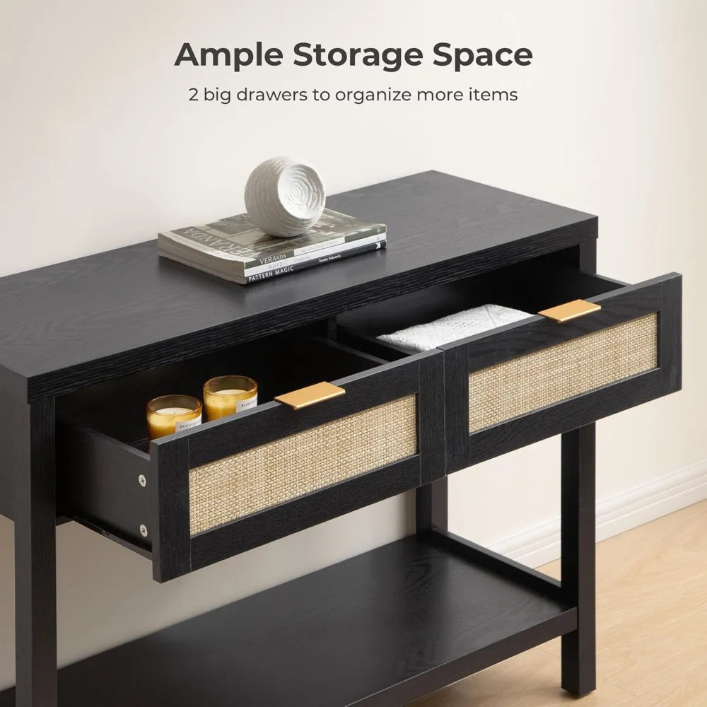 Black Console Table Set of 2 Boho Entryway Table with Rattan Drawers