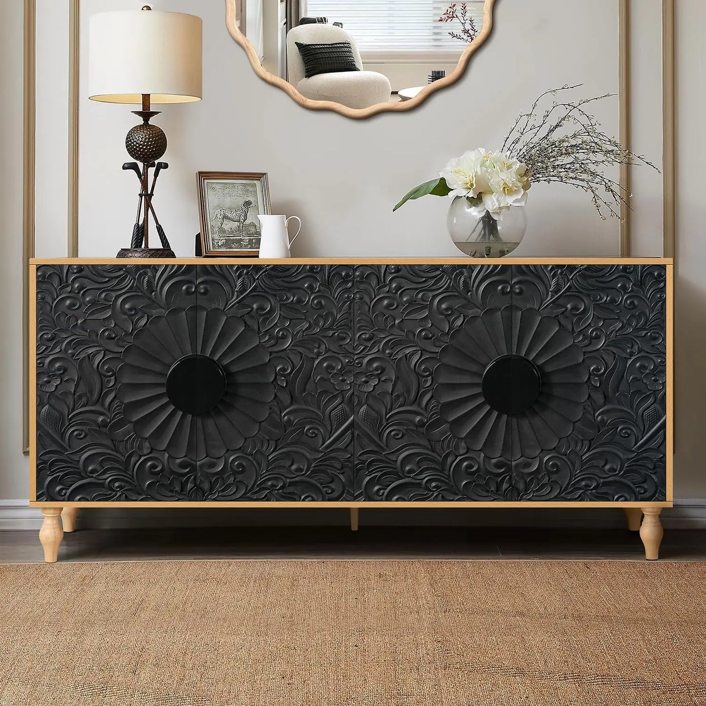 Ljustra Sideboard Buffet Credenza 63 Inch Antique Black Storage Cabinet