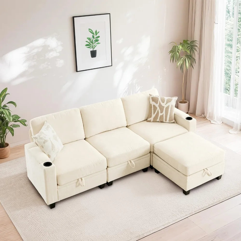 91 Inch Modular L Shaped Sectional Sofa with Storage Cup Holders