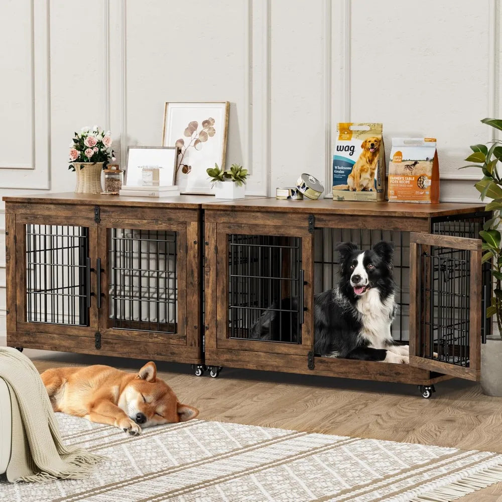 Ljustra Dog Crate Furniture with Cushion Set of 2 Large Wooden Kennel