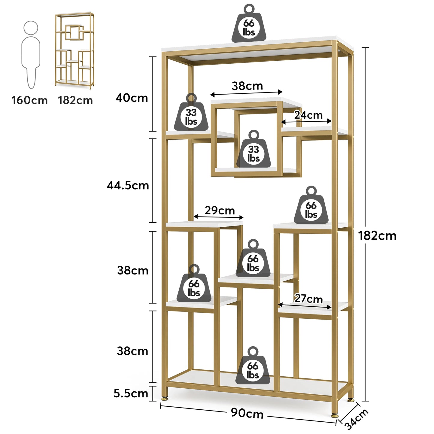 Tribesigns Gold 8-Shelf Etagere Bookcase Modern Display Shelf