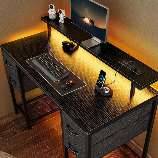 Ljustra 47 Inch Computer Desk with 4 Drawers LED Lights Power Outlets