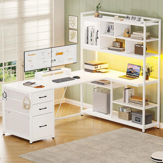 L Shaped Computer Desk with Drawers Bookshelf Gaming Office Desk 58 Inch