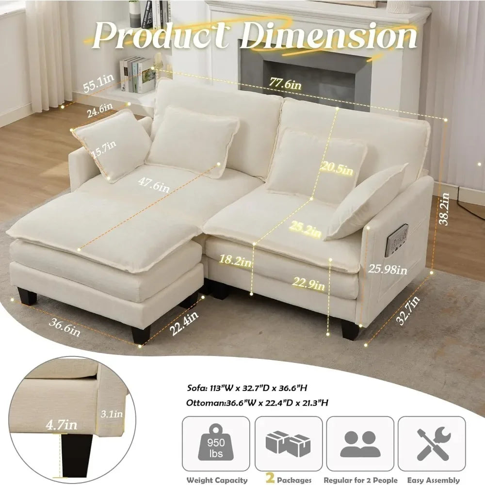 L-Shaped Modular Sectional Comfy Cloud Couch with Movable Ottoman