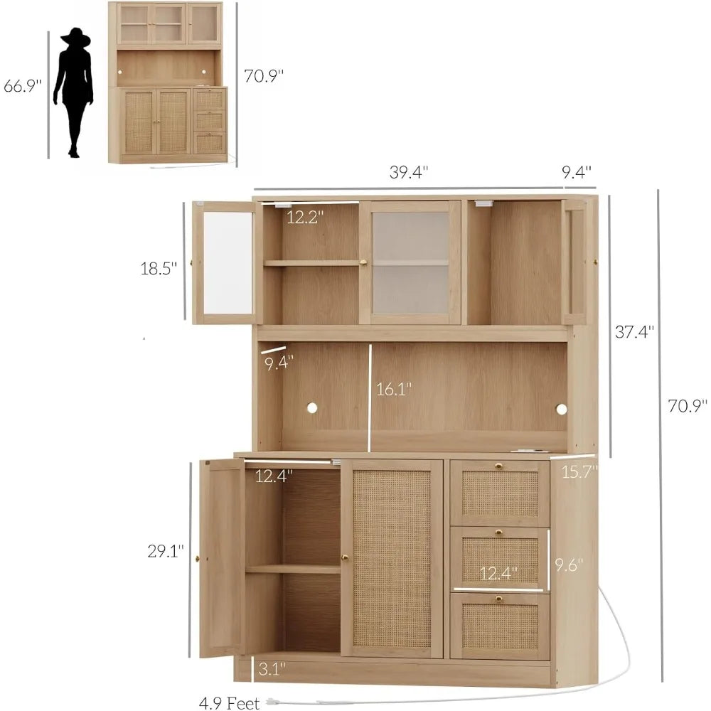 Kitchen Pantry Hutch with Microwave Stand Boho Storage Cabinet