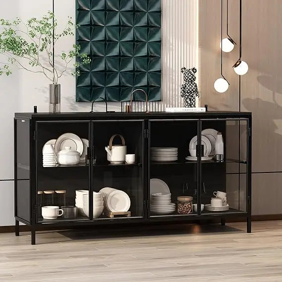 Sideboard Display Cabinet with Glass Doors and LED Lights Buffet Storage