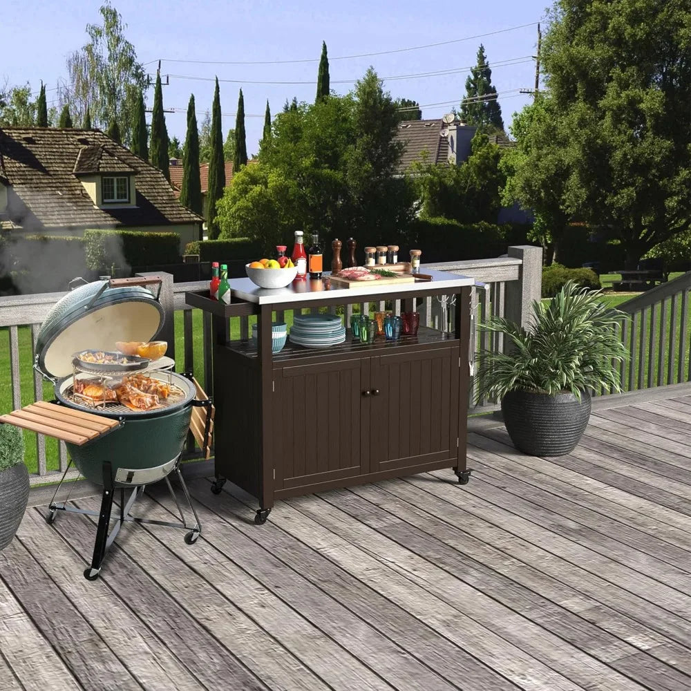 Outdoor Storage Cabinet Wood Prep Grill Table Stainless Steel Top